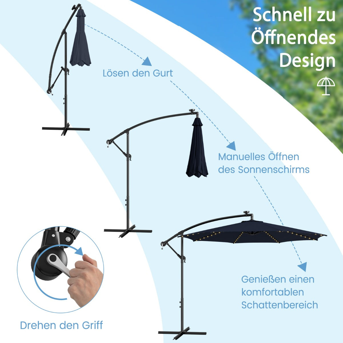 Beleuchteter Sonnenschirm mit 112 LED-Leuchten Solarbetriebener Terrassenschirm Marine