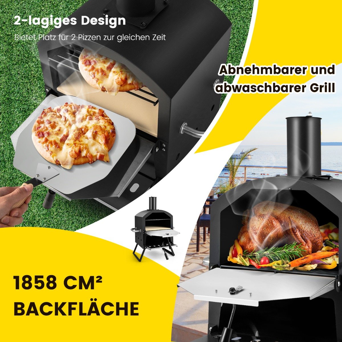 2-lagigem Pizza Ofen mit Grillrost & Pizzastein & Pizzaschaufel & Wasserdichter Abdeckung