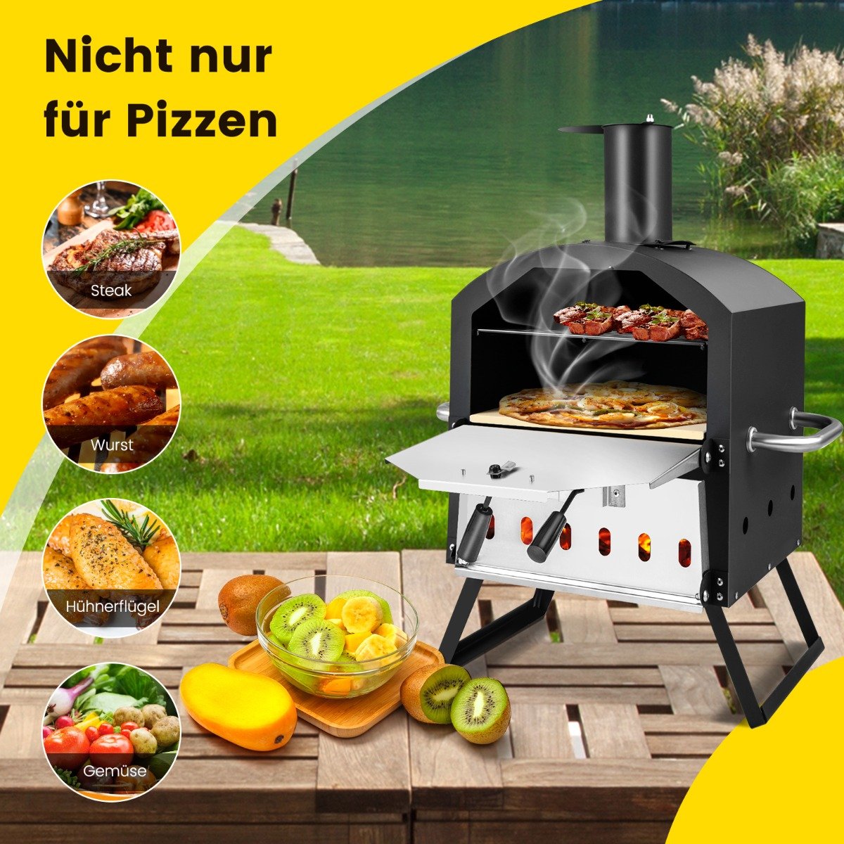 2-lagigem Pizza Ofen mit Grillrost & Pizzastein & Pizzaschaufel & Wasserdichter Abdeckung