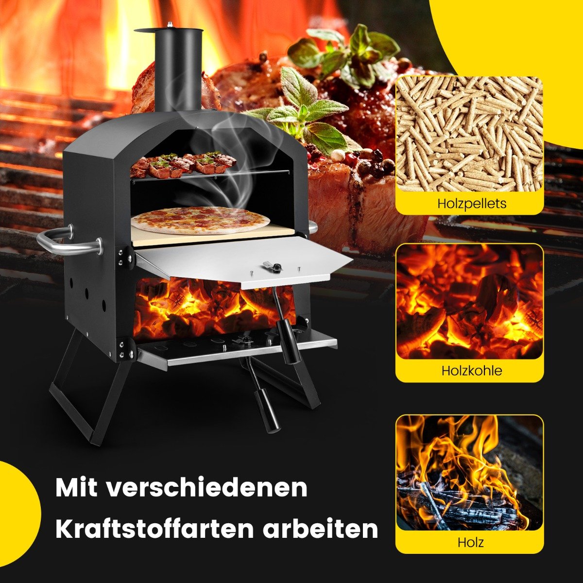 2-lagigem Pizza Ofen mit Grillrost & Pizzastein & Pizzaschaufel & Wasserdichter Abdeckung