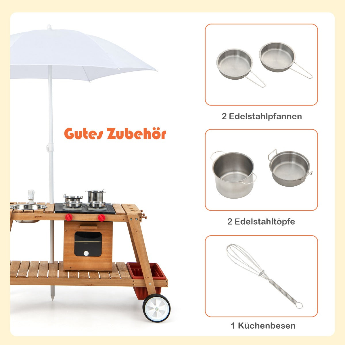 Outdoor-Spielzeugtrolley für Kinder Holzspielzeugwagen mit Sonnenschirm Natur
