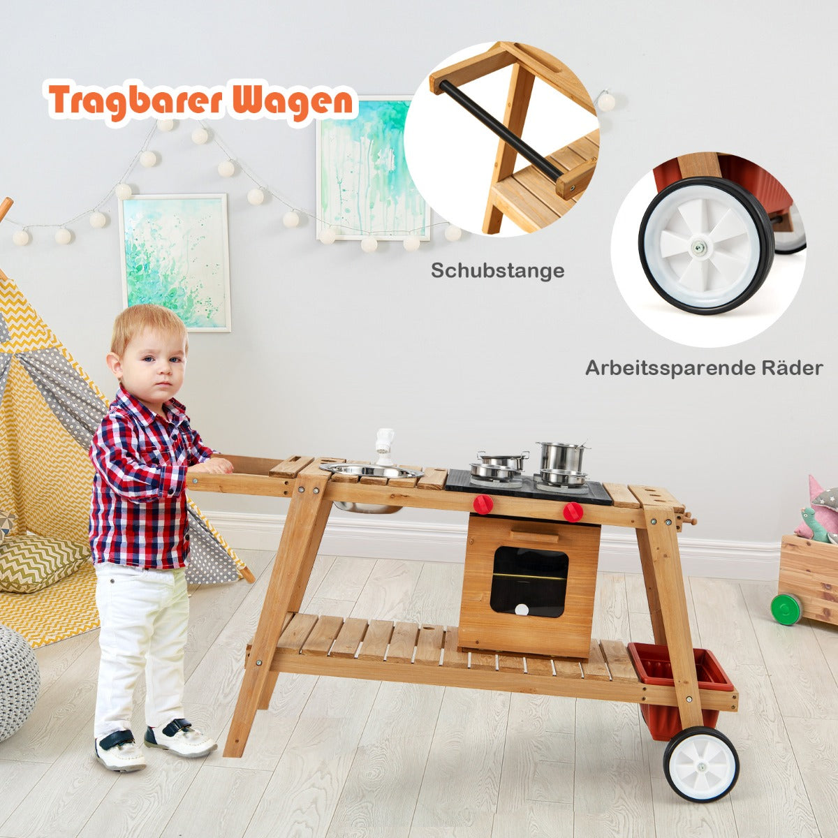 Outdoor-Spielzeugtrolley für Kinder Holzspielzeugwagen mit Sonnenschirm Natur