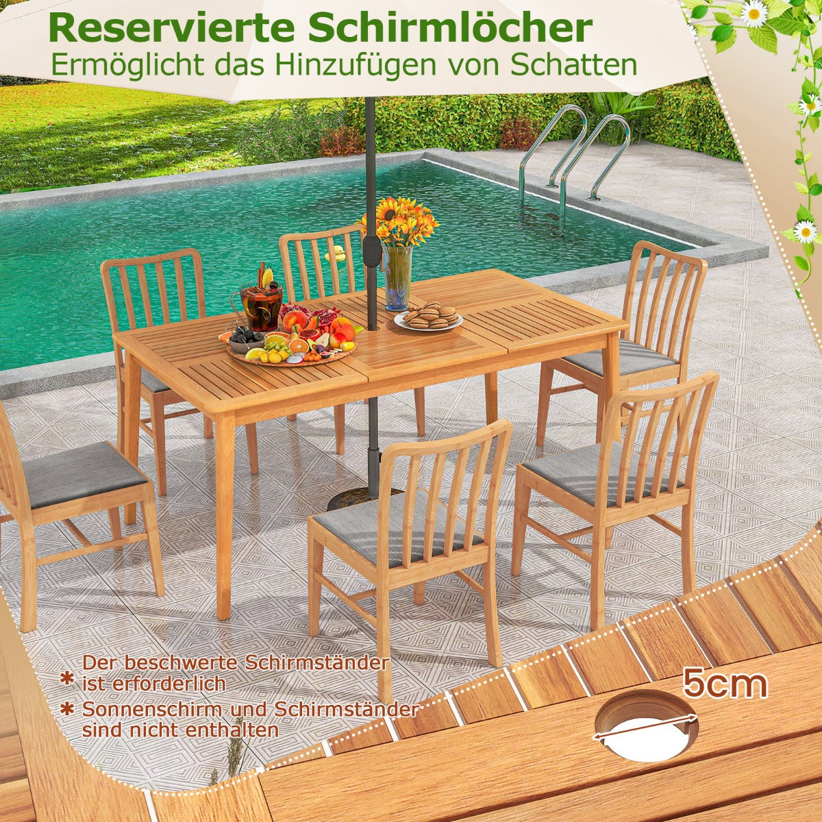 Gartentisch Akazienholz 170 x 90 cm großer Terrassentisch für 6 Personen Natur