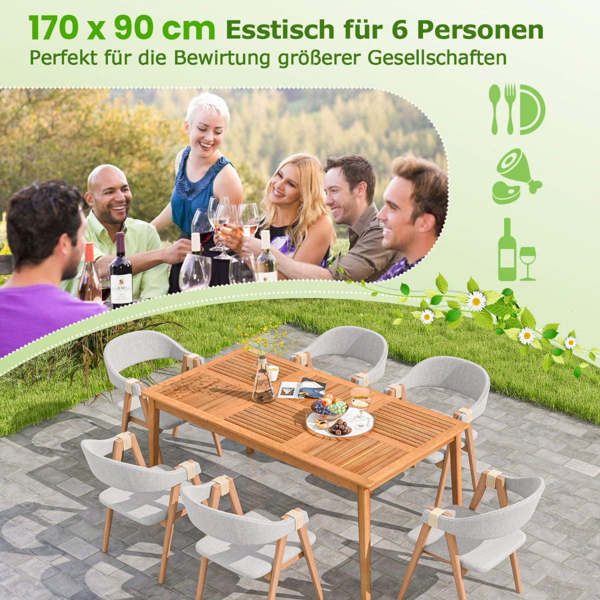 Gartentisch Akazienholz 170 x 90 cm großer Terrassentisch für 6 Personen Natur