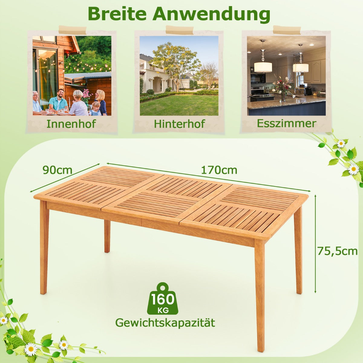 Gartentisch Akazienholz 170 x 90 cm großer Terrassentisch für 6 Personen Natur