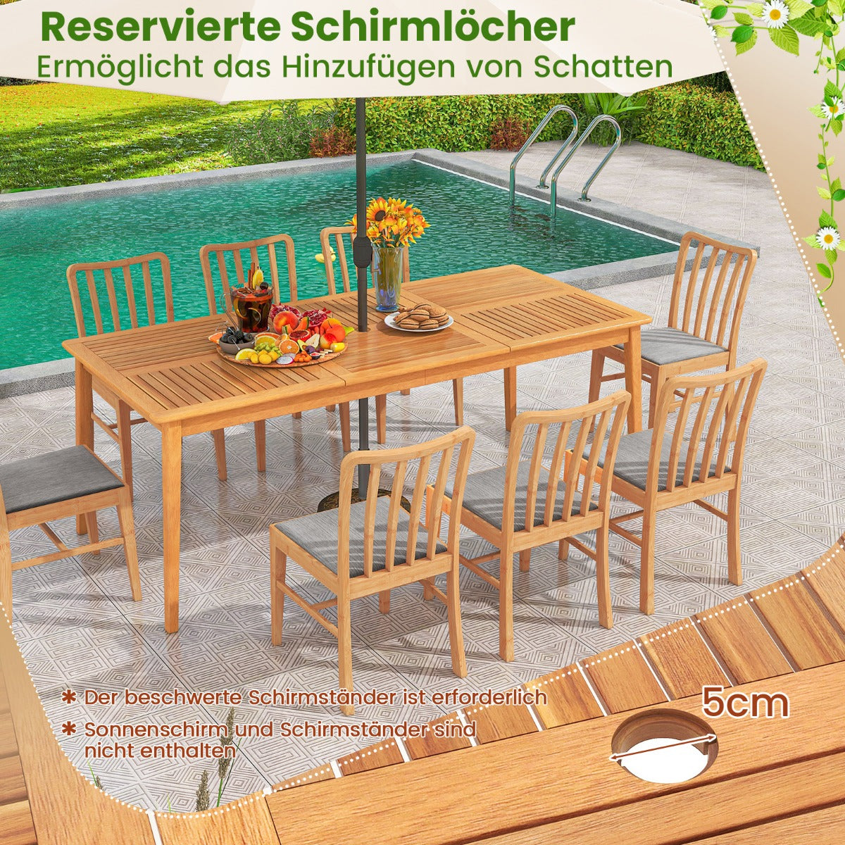 Gartentisch Akazienholz 200 x 90 cm großer Terrassentisch für 8 Personen Natur
