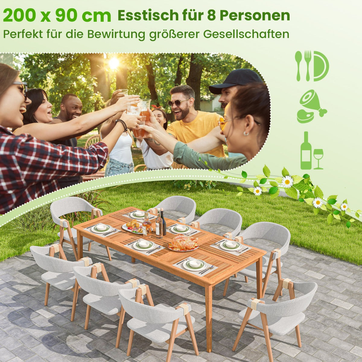 Gartentisch Akazienholz 200 x 90 cm großer Terrassentisch für 8 Personen Natur