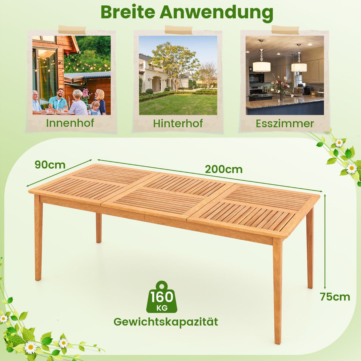 Gartentisch Akazienholz 200 x 90 cm großer Terrassentisch für 8 Personen Natur