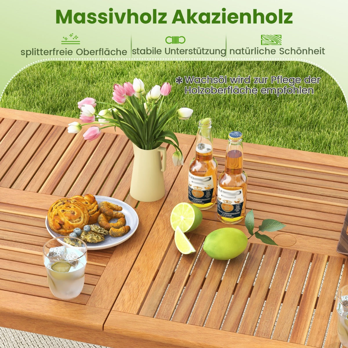 Gartentisch Akazienholz 200 x 90 cm großer Terrassentisch für 8 Personen Natur