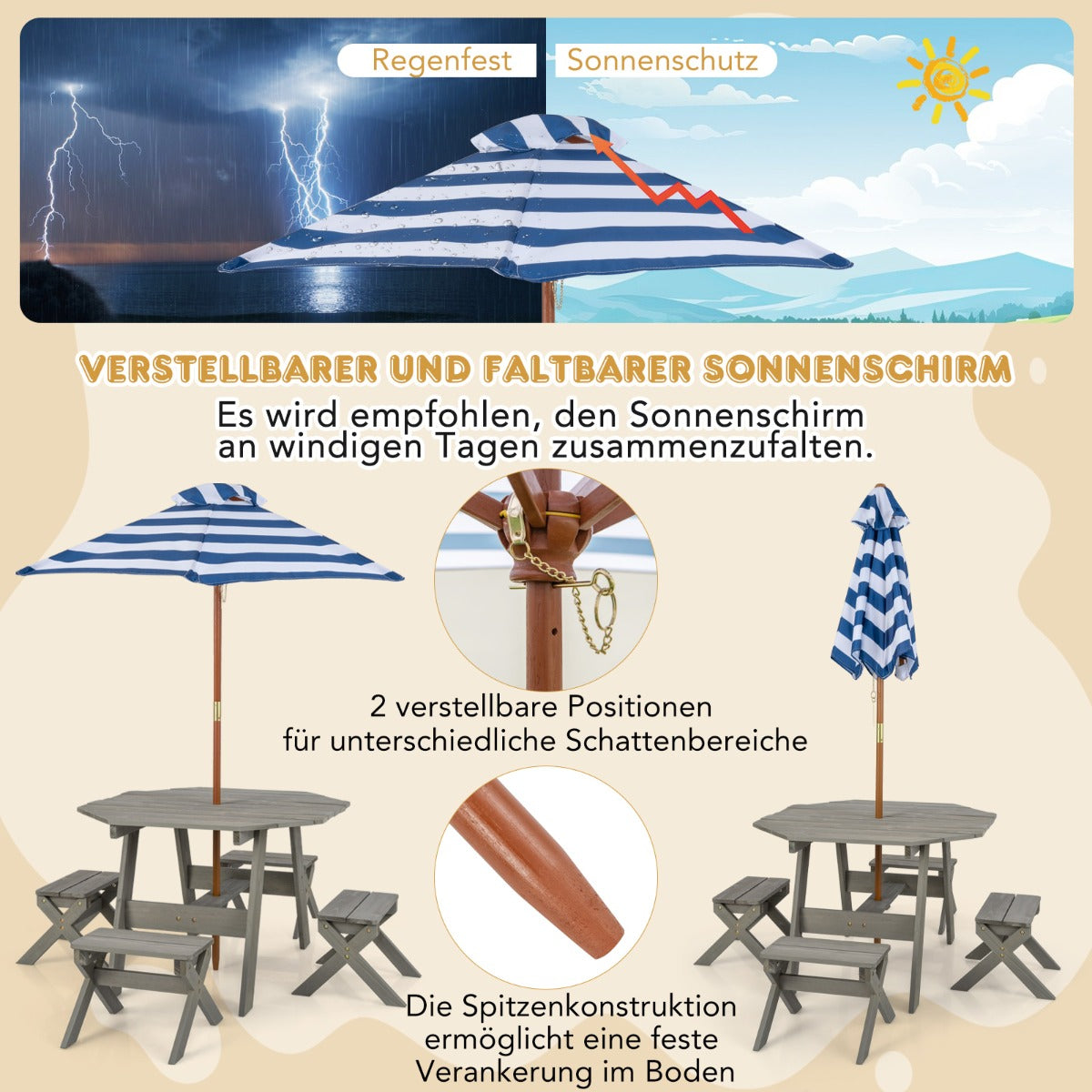 Achteckiges Tischset aus Holz mit 4 Stühlen  Höhenverstellbarem Sonnenschirm Picknicktisch Grau