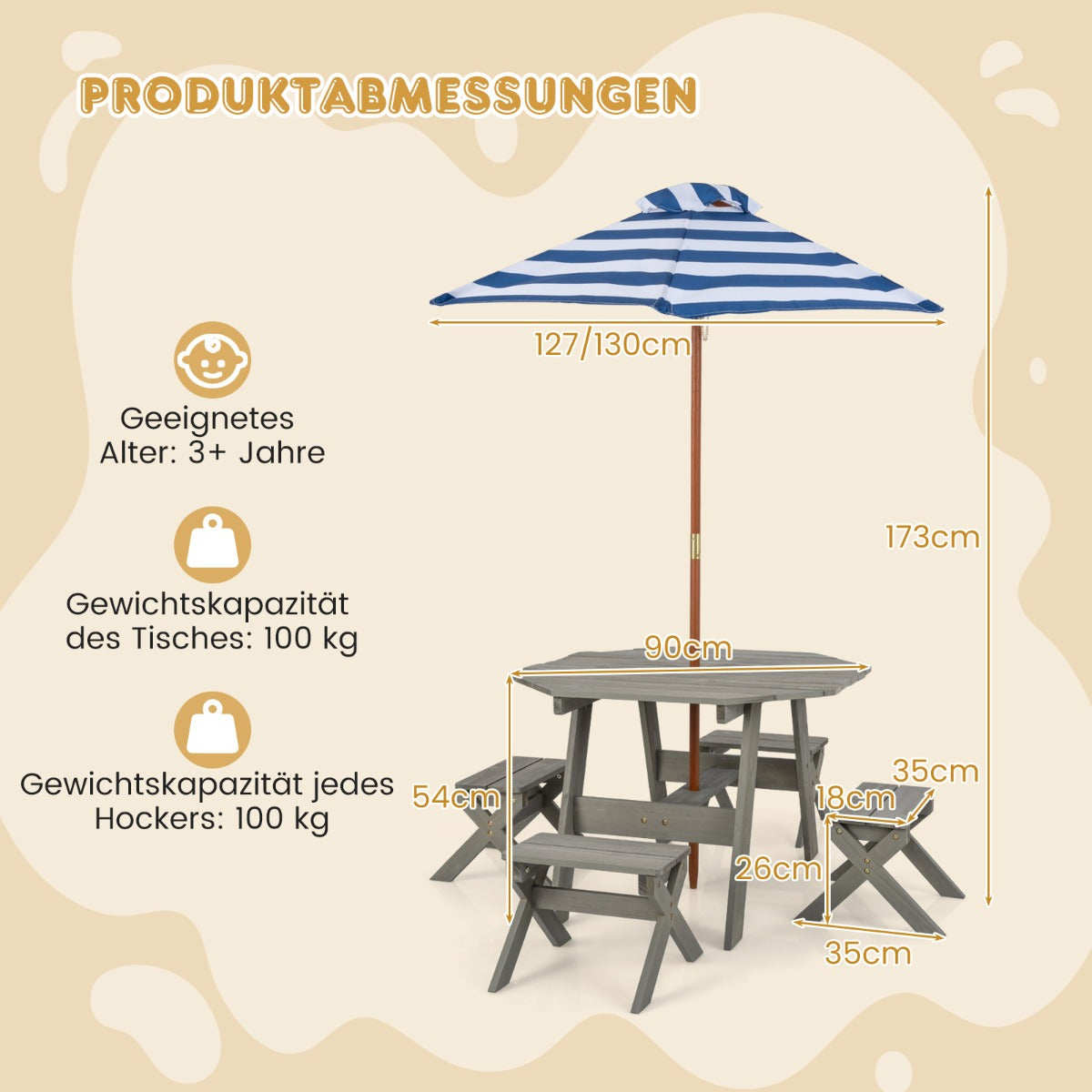 Achteckiges Tischset aus Holz mit 4 Stühlen  Höhenverstellbarem Sonnenschirm Picknicktisch Grau