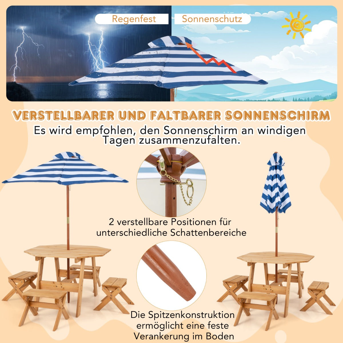 Achteckiges Tischset aus Holz mit 4 Stühlen  Höhenverstellbarem Sonnenschirm Picknicktisch Natur