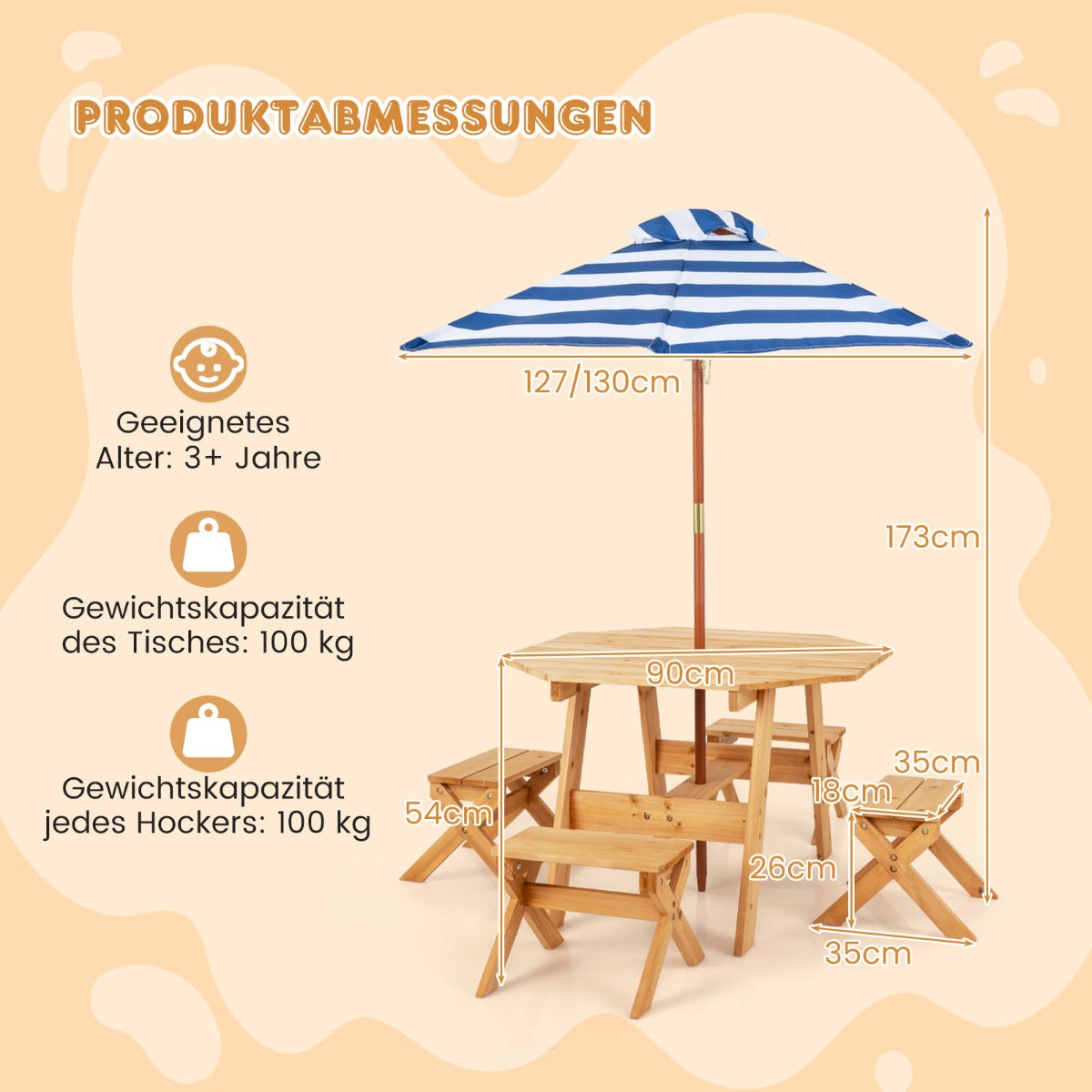 Achteckiges Tischset aus Holz mit 4 Stühlen  Höhenverstellbarem Sonnenschirm Picknicktisch Natur