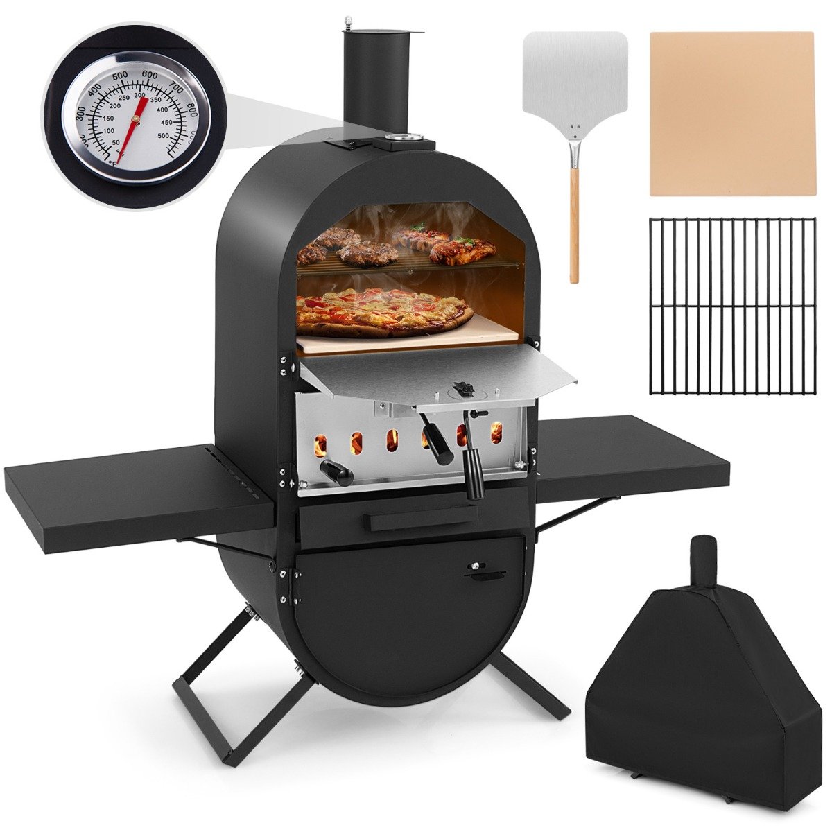 Pizzaofen Outdoor Pizzaofen mit Seitenablagen Grillrost aus Edelstahl Pizzaschaufel für Garten