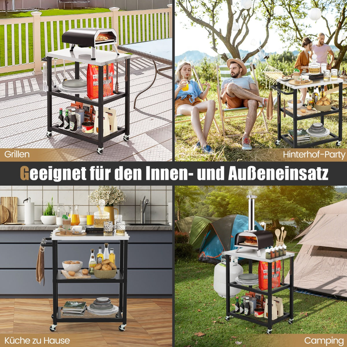 3-stufiger Outdoor-Grillwagen mit 3 Haken & Edelstahlplatte & -griff Mehrzweckwagen