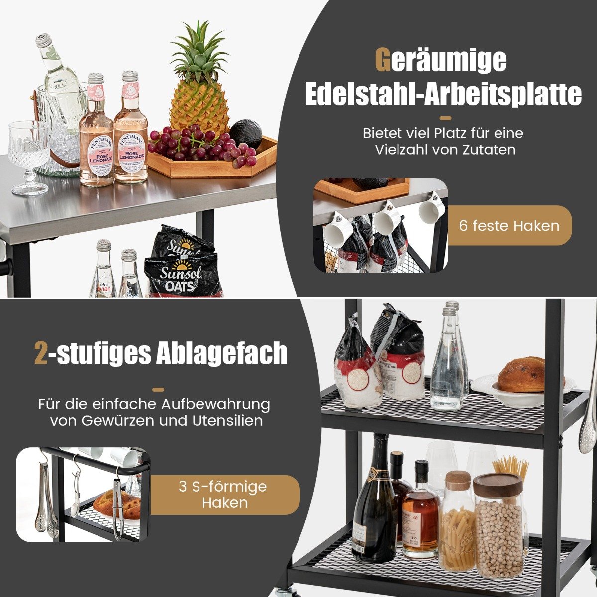 3-stufiger Outdoor-Grillwagen mit 3 Haken & Edelstahlplatte & -griff Mehrzweckwagen