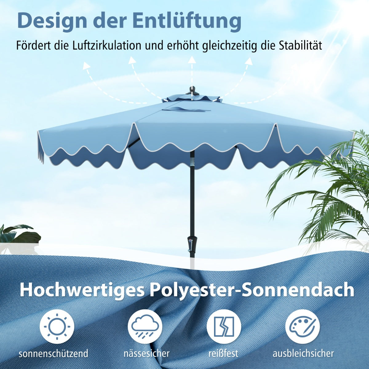 Terrassenschirm mit Kurbel  belüfteter Oberseite Sonnenschirm Neigbarer Tischschirm Blau