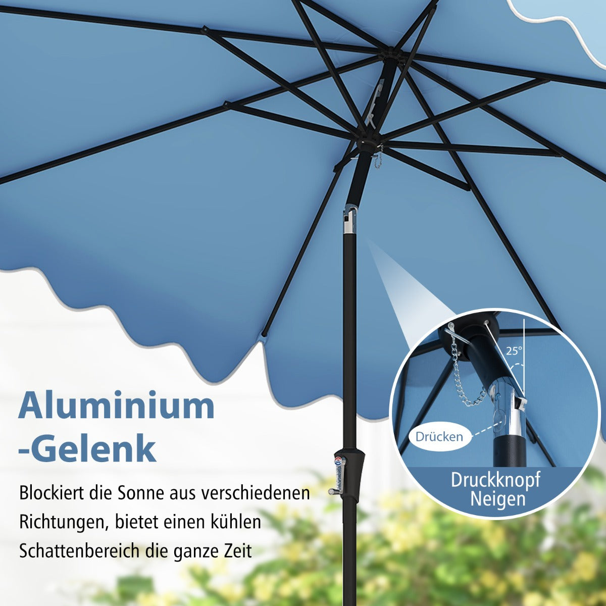Terrassenschirm mit Kurbel  belüfteter Oberseite Sonnenschirm Neigbarer Tischschirm Blau