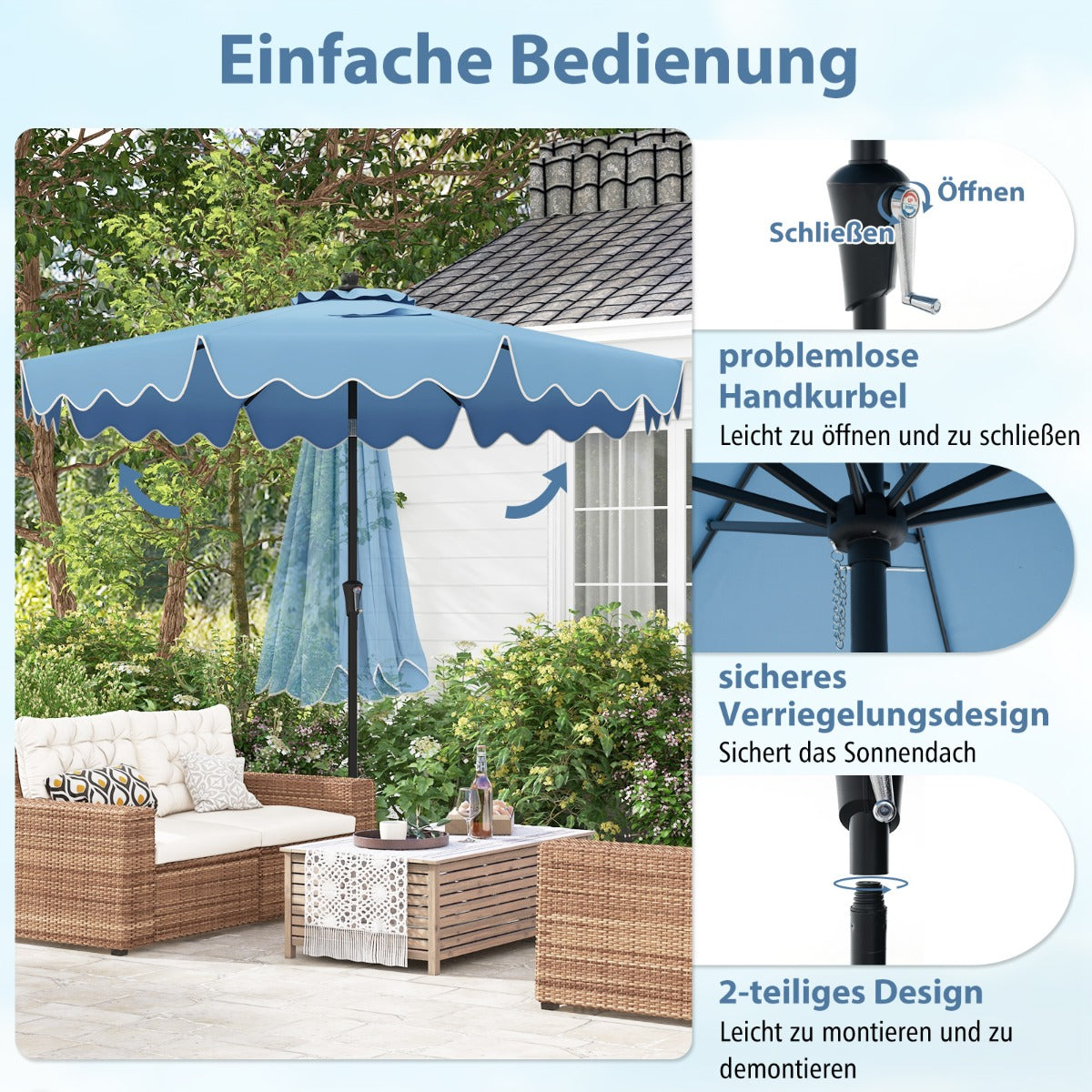Terrassenschirm mit Kurbel  belüfteter Oberseite Sonnenschirm Neigbarer Tischschirm Blau
