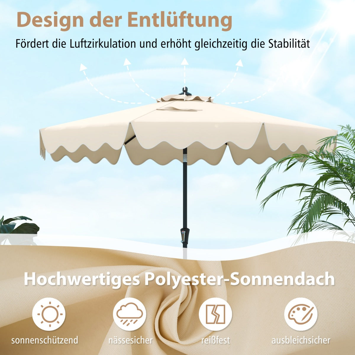 Terrassenschirm mit Kurbel belüfteter Oberseite Sonnenschirm Neigbarer Tischschirm Beige