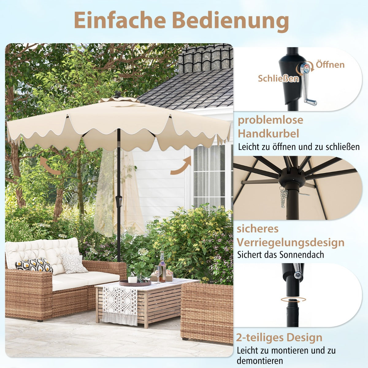 Terrassenschirm mit Kurbel belüfteter Oberseite Sonnenschirm Neigbarer Tischschirm Beige