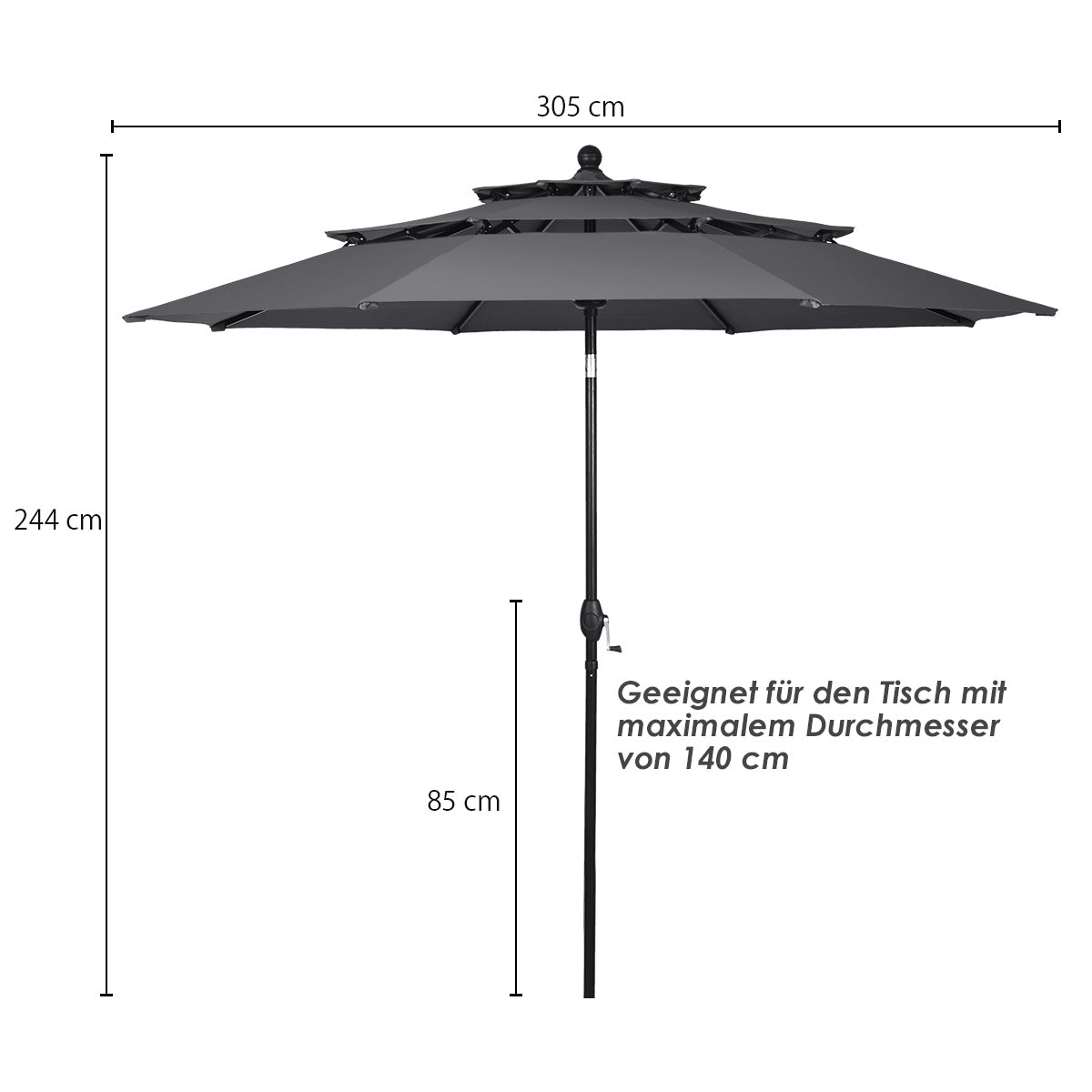 300 cm Sonnenschirm aus Aluminium mit 3-stufigem Dach Automatisch Neigbarer Standschirm Anthrazit