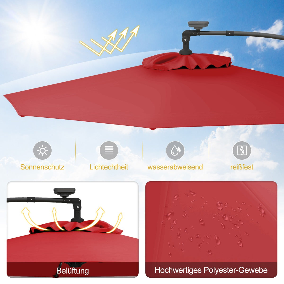 300 cm Sonnenschirm mit 32 Solar-LED-Leuchten  Kurbel Gartenschirm Marktschirm Rot