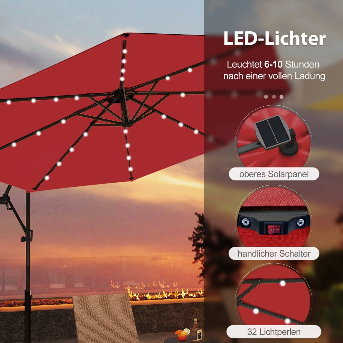 300 cm Sonnenschirm mit 32 Solar-LED-Leuchten  Kurbel Gartenschirm Marktschirm Rot