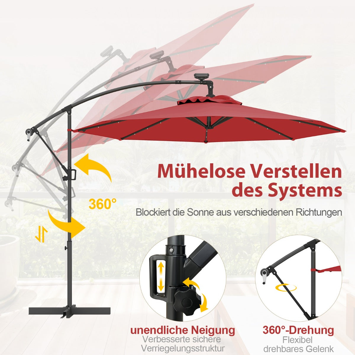 300 cm Sonnenschirm mit 32 Solar-LED-Leuchten  Kurbel Gartenschirm Marktschirm Rot