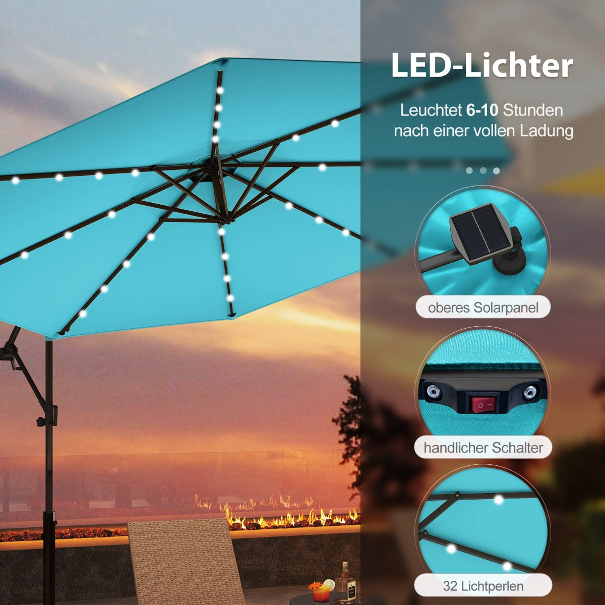 300 cm Sonnenschirm mit 32 Solar-LED-Leuchten  Kurbel Gartenschirm Marktschirm TÃ¼rkis
