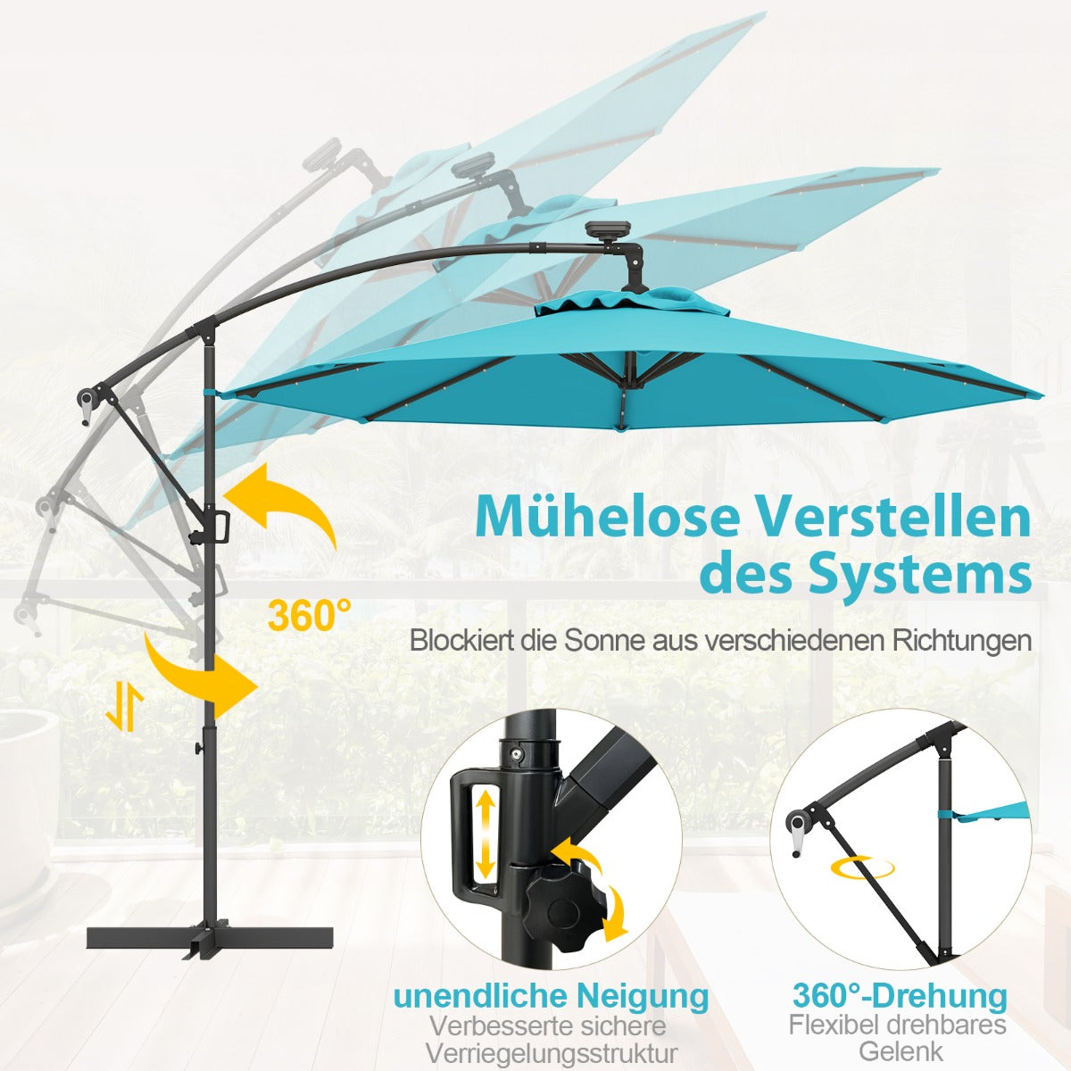 300 cm Sonnenschirm mit 32 Solar-LED-Leuchten  Kurbel Gartenschirm Marktschirm TÃ¼rkis