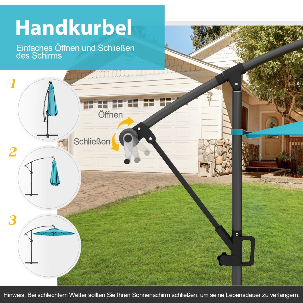 300 cm Sonnenschirm mit 32 Solar-LED-Leuchten  Kurbel Gartenschirm Marktschirm TÃ¼rkis