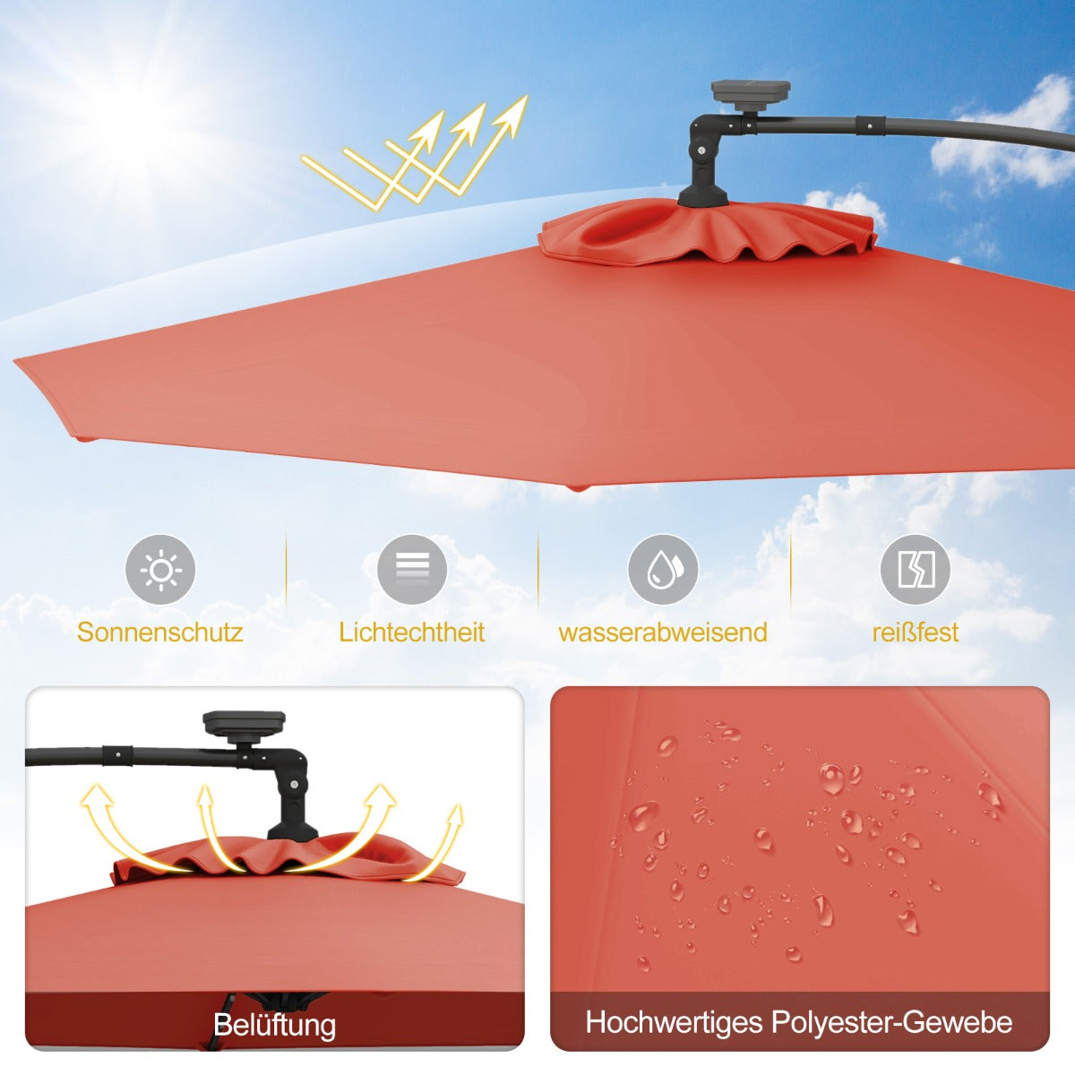 300 cm Sonnenschirm mit 32 Solar-LED-Leuchten  Kurbel Gartenschirm Marktschirm Orange