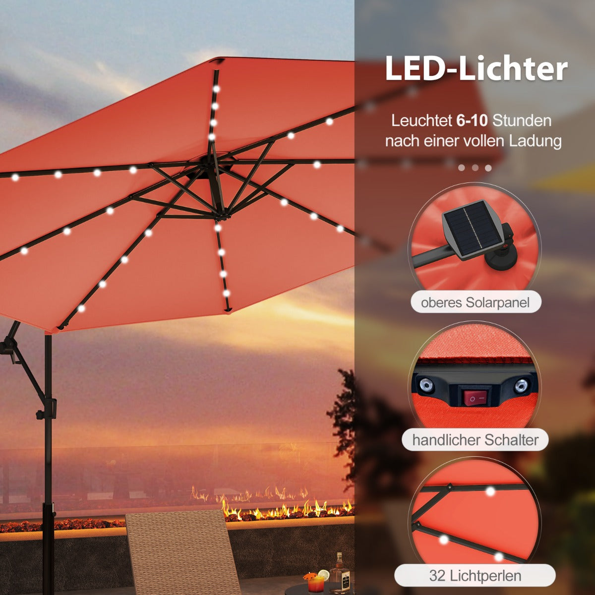 300 cm Sonnenschirm mit 32 Solar-LED-Leuchten  Kurbel Gartenschirm Marktschirm Orange