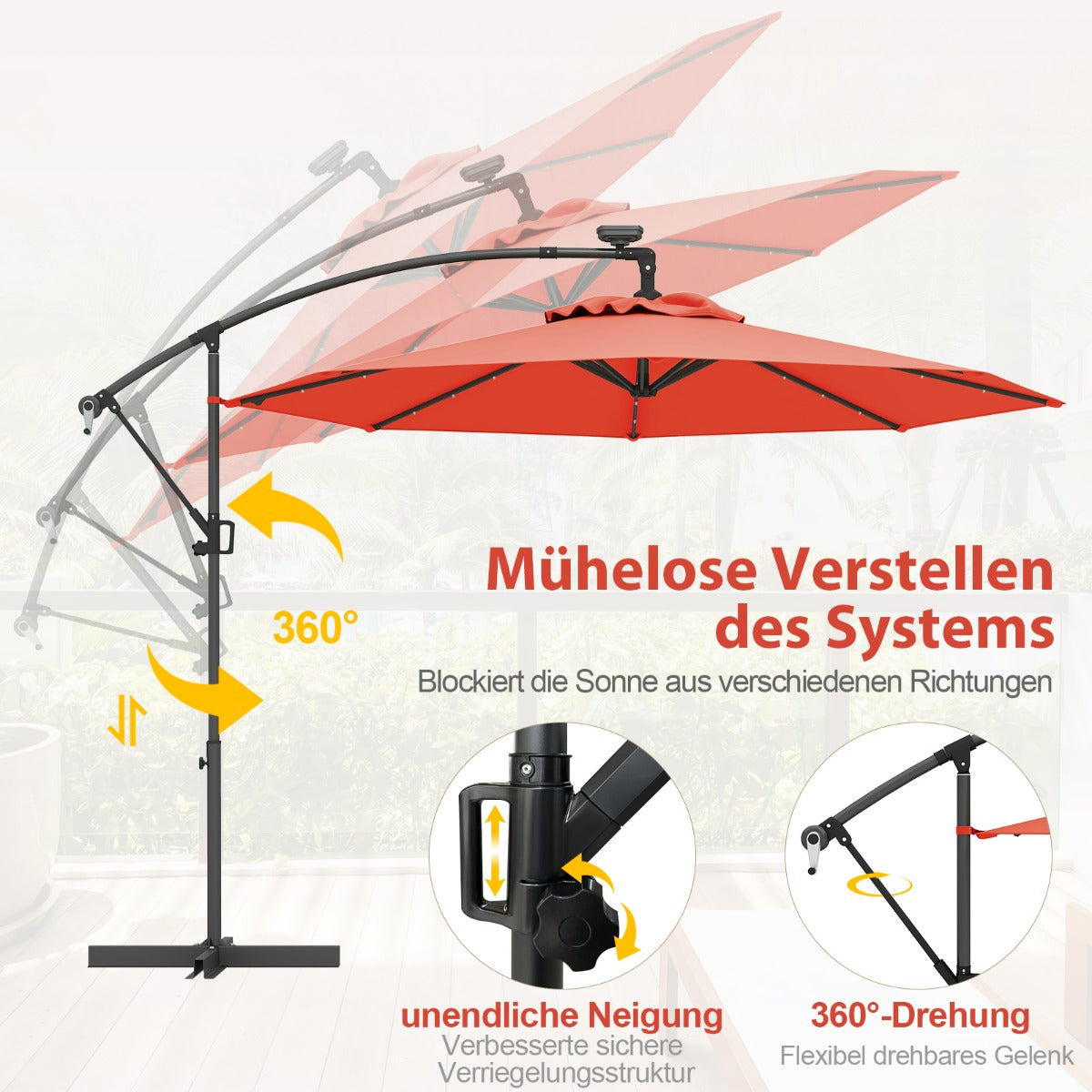 300 cm Sonnenschirm mit 32 Solar-LED-Leuchten  Kurbel Gartenschirm Marktschirm Orange