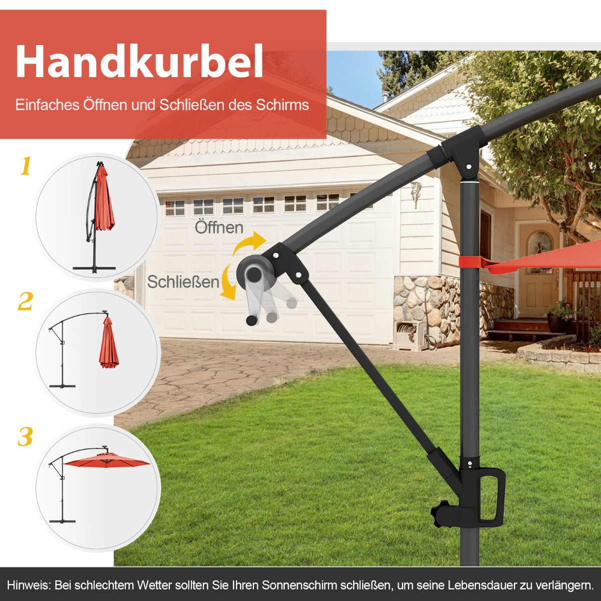 300 cm Sonnenschirm mit 32 Solar-LED-Leuchten  Kurbel Gartenschirm Marktschirm Orange