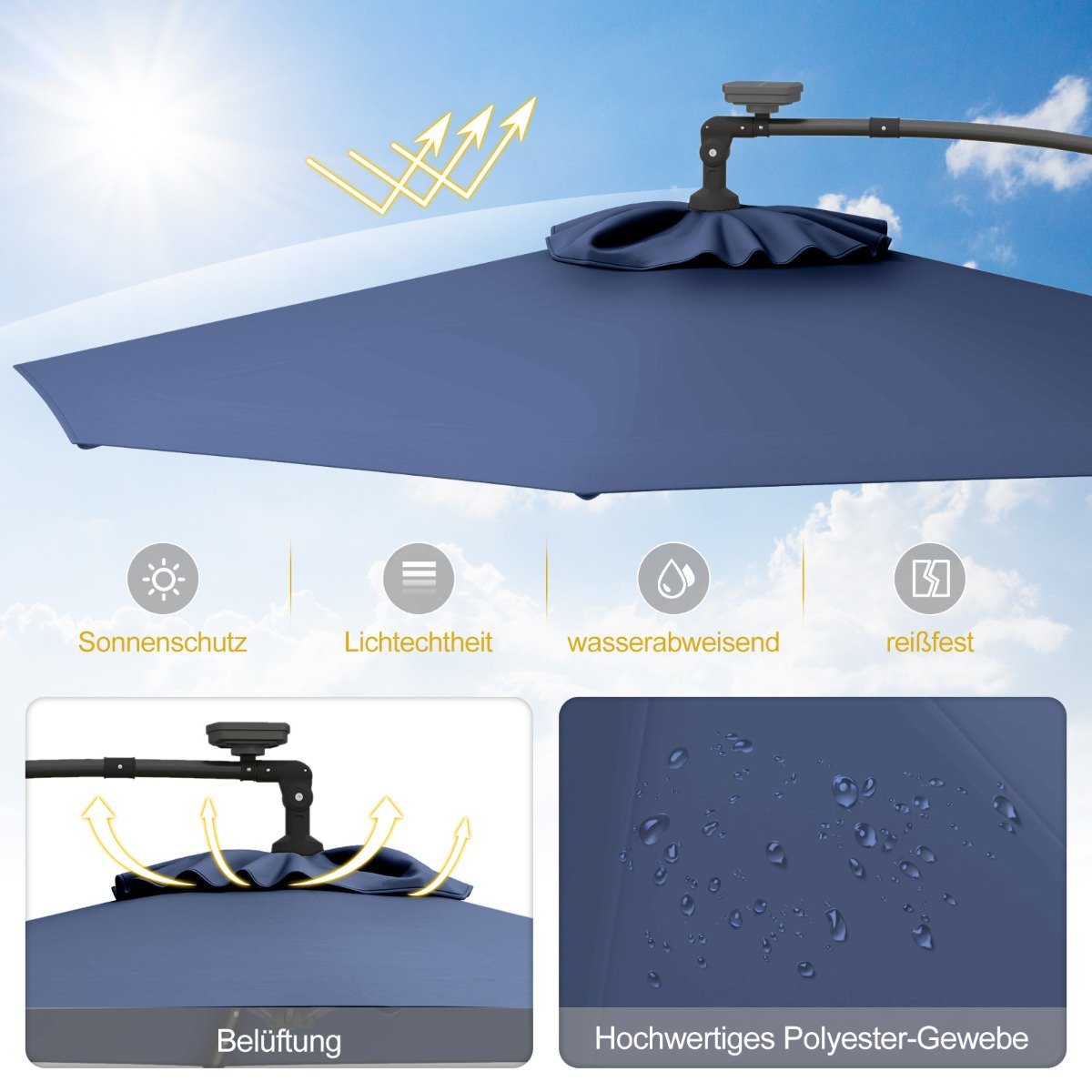 300 cm Sonnenschirm mit 32 Solar-LED-Leuchten  Kurbel Gartenschirm Marktschirm Dunkelblau