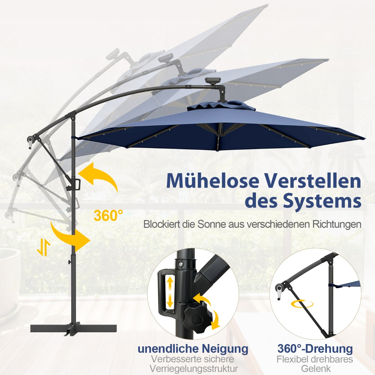 300 cm Sonnenschirm mit 32 Solar-LED-Leuchten  Kurbel Gartenschirm Marktschirm Dunkelblau