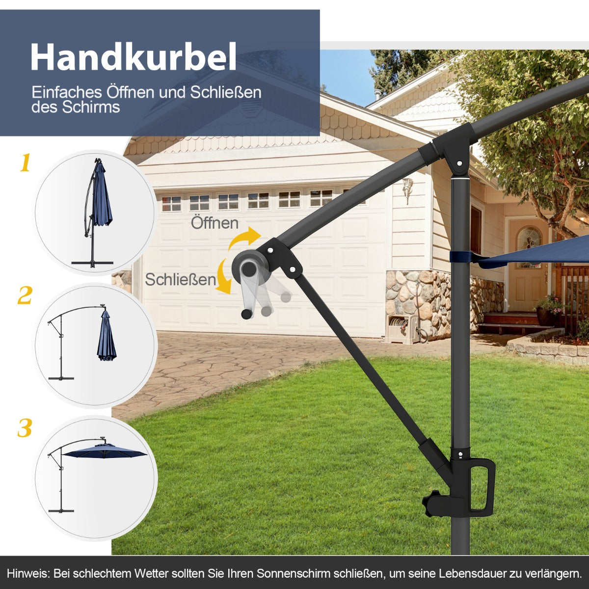 300 cm Sonnenschirm mit 32 Solar-LED-Leuchten  Kurbel Gartenschirm Marktschirm Dunkelblau