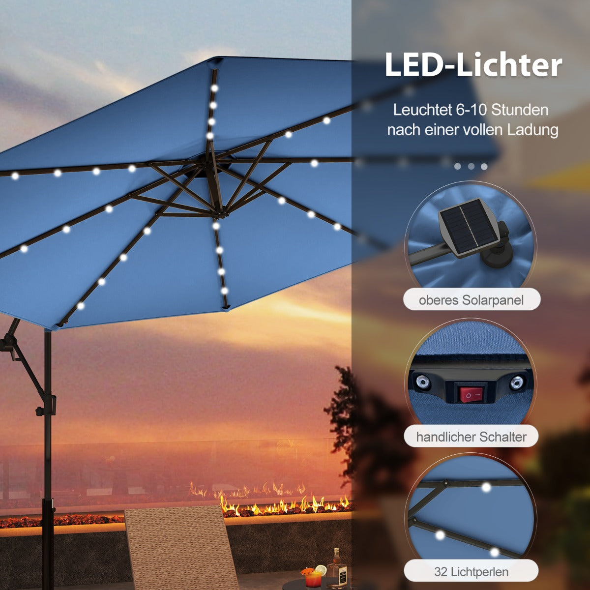 300 cm Sonnenschirm mit 32 Solar-LED-Leuchten Kurbel Gartenschirm Marktschirm Blau