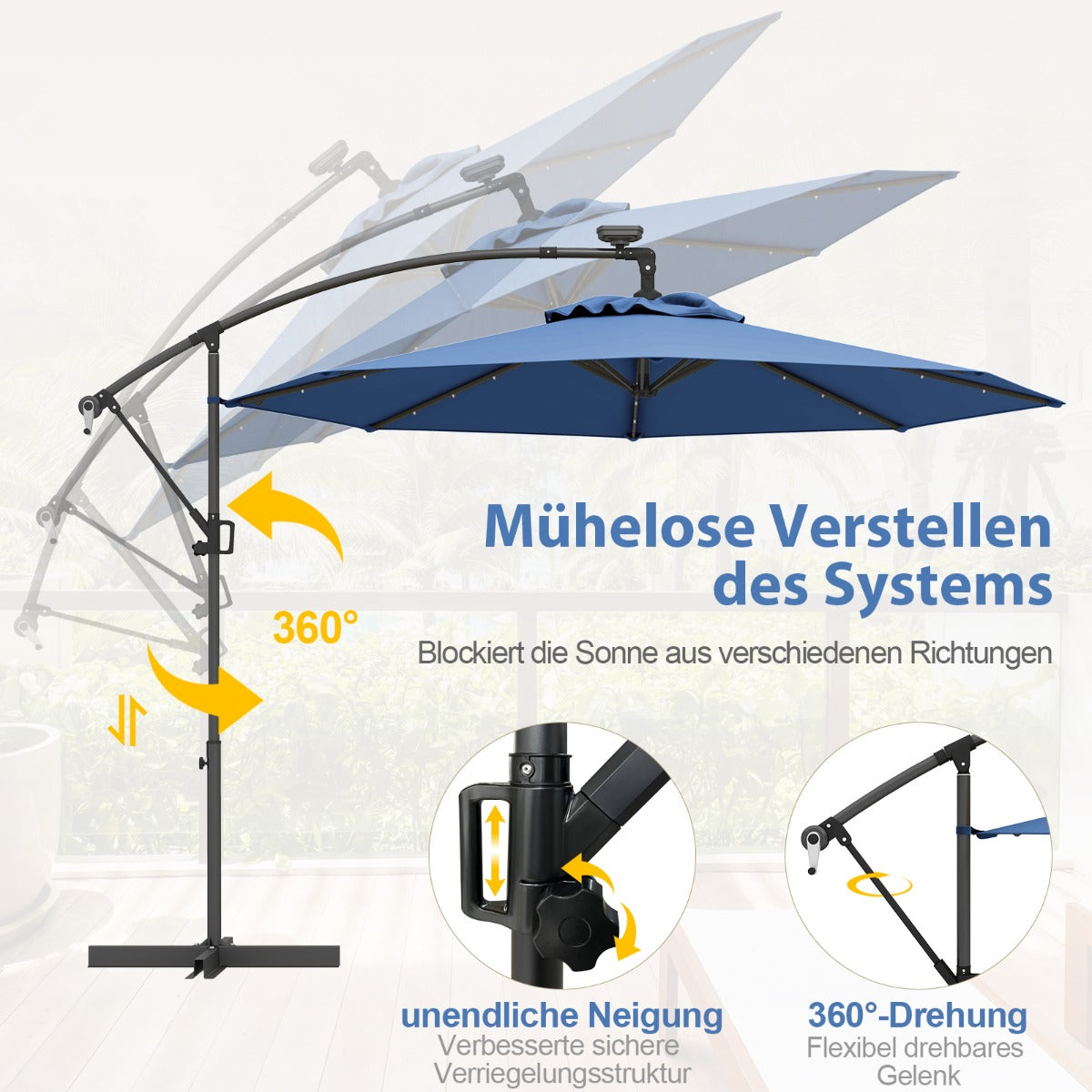 300 cm Sonnenschirm mit 32 Solar-LED-Leuchten Kurbel Gartenschirm Marktschirm Blau