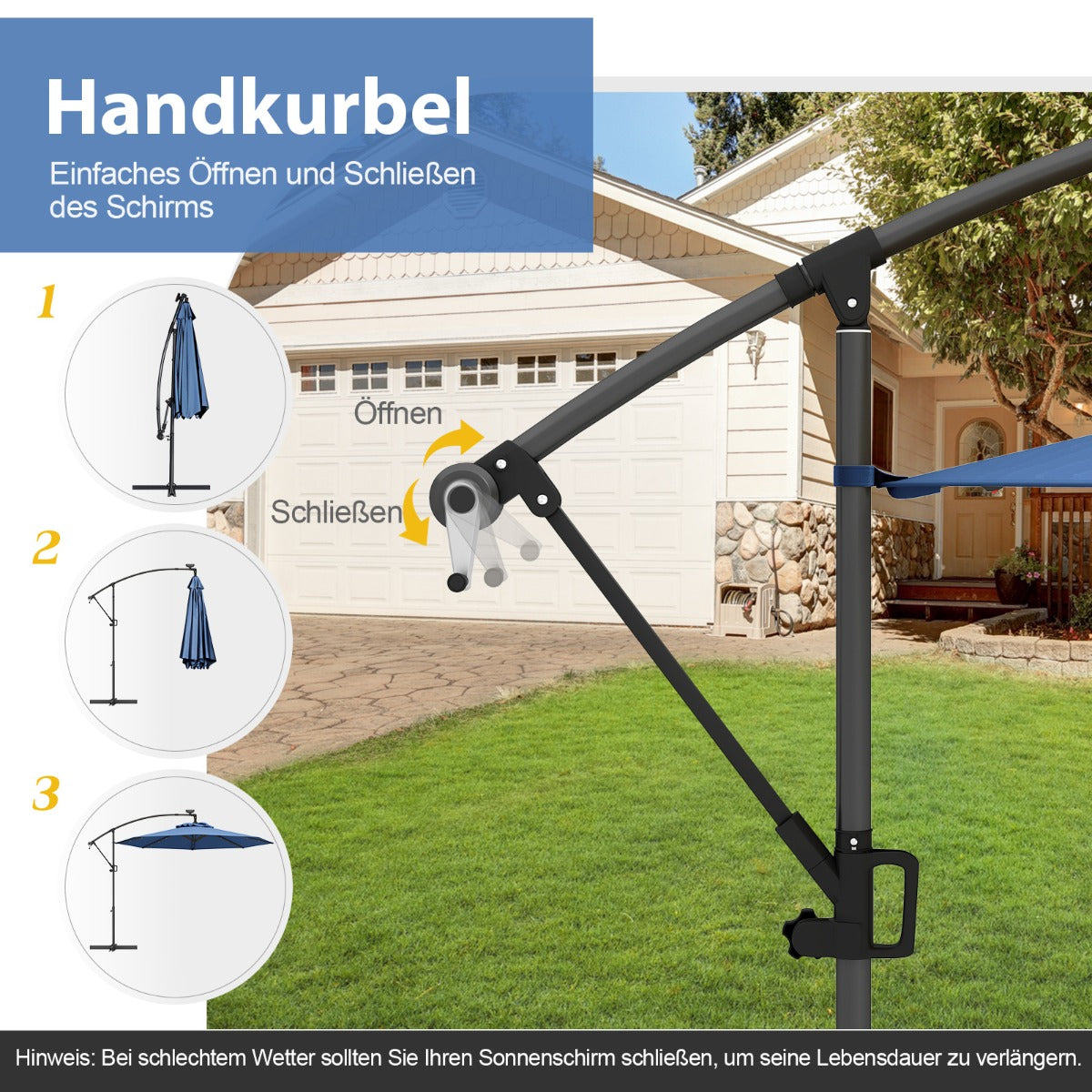 300 cm Sonnenschirm mit 32 Solar-LED-Leuchten Kurbel Gartenschirm Marktschirm Blau