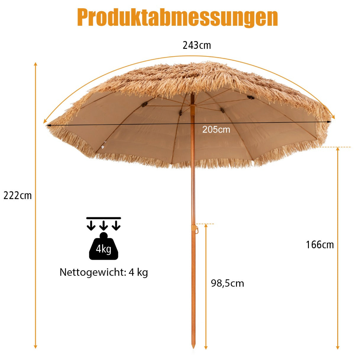Sonnenschirm 243 cm Langer Strohschirm Natur