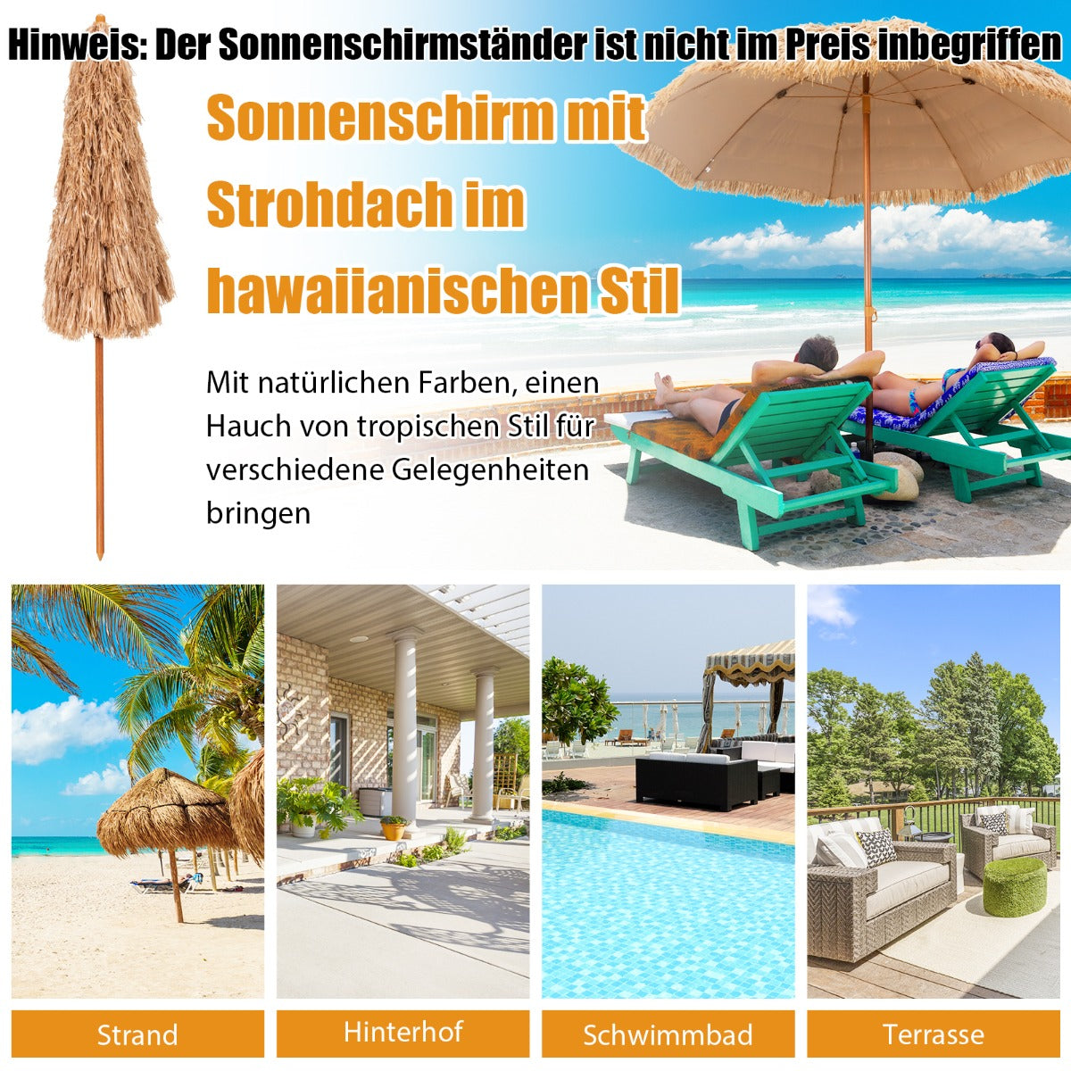 Sonnenschirm 243 cm Langer Strohschirm Natur