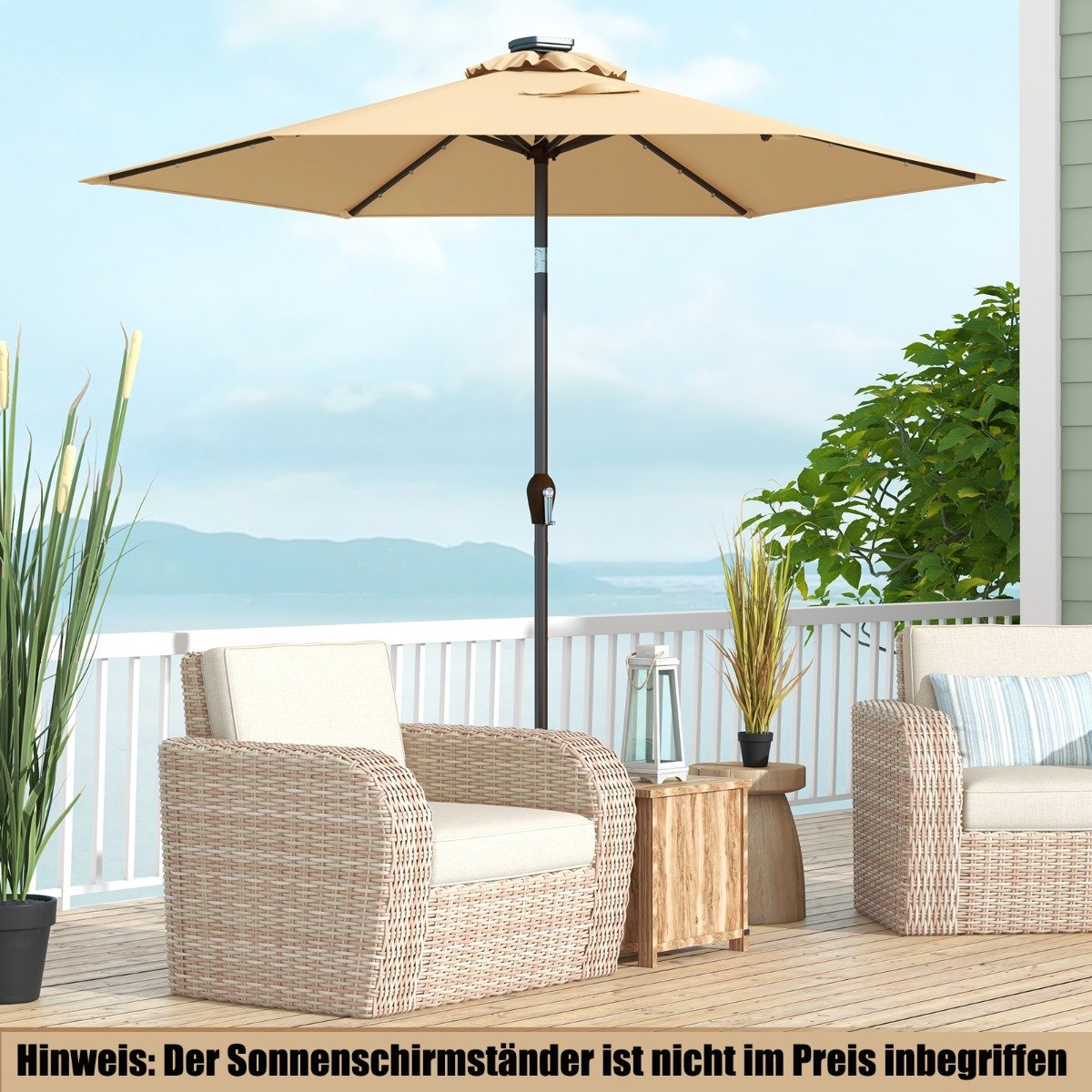 Sonnenschirm mit Solar- LED-Beleuchtung Ampelschirm Gartenschirm Kurbelschirm 2,7M-beige