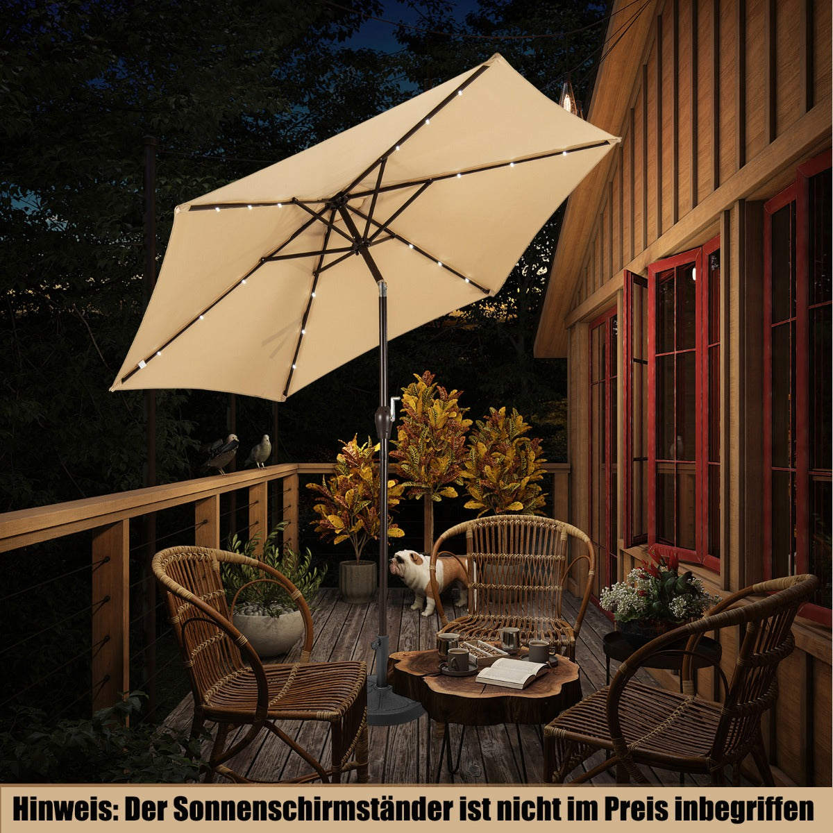 Sonnenschirm mit Solar- LED-Beleuchtung Ampelschirm Gartenschirm Kurbelschirm 2,7M-beige