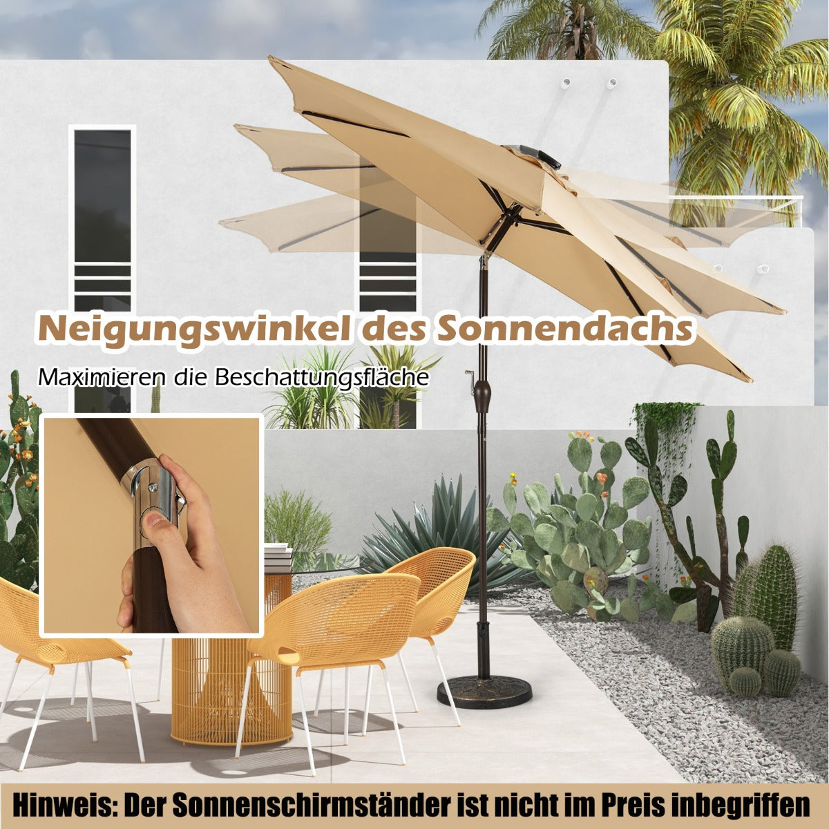 Sonnenschirm mit Solar- LED-Beleuchtung Ampelschirm Gartenschirm Kurbelschirm 2,7M-beige