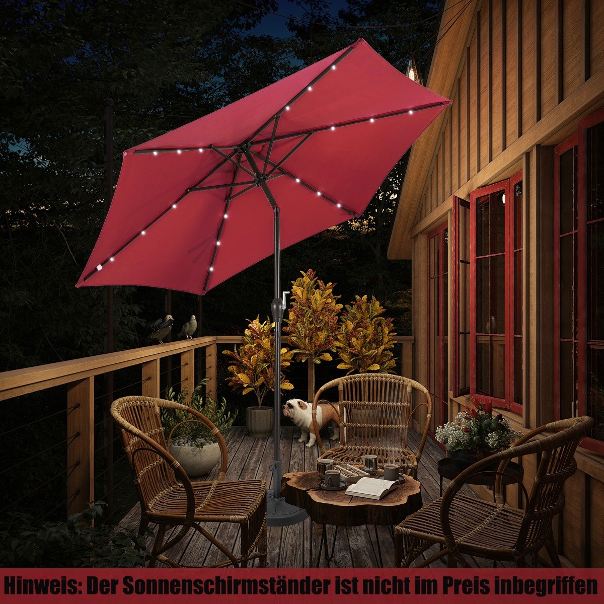 Sonnenschirm mit Solar- LED-Beleuchtung Ampelschirm Gartenschirm Kurbelschirm 2,7M- rot