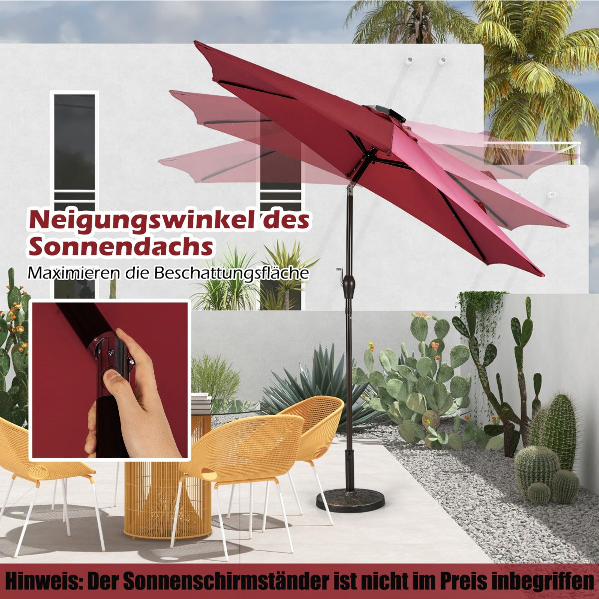 Sonnenschirm mit Solar- LED-Beleuchtung Ampelschirm Gartenschirm Kurbelschirm 2,7M- rot