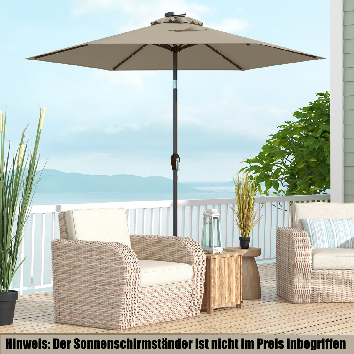 Sonnenschirm mit Solar- LED-Beleuchtung Ampelschirm Gartenschirm Kurbelschirm 2,7M-braun